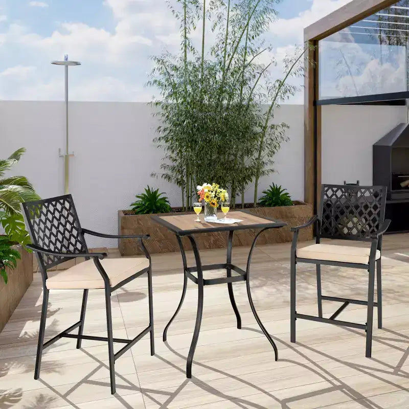 Costway Tavolo da Bar Quadrato da Esterno con Piano Effetto Legno e Struttura in Metallo per Giardino e Cortile