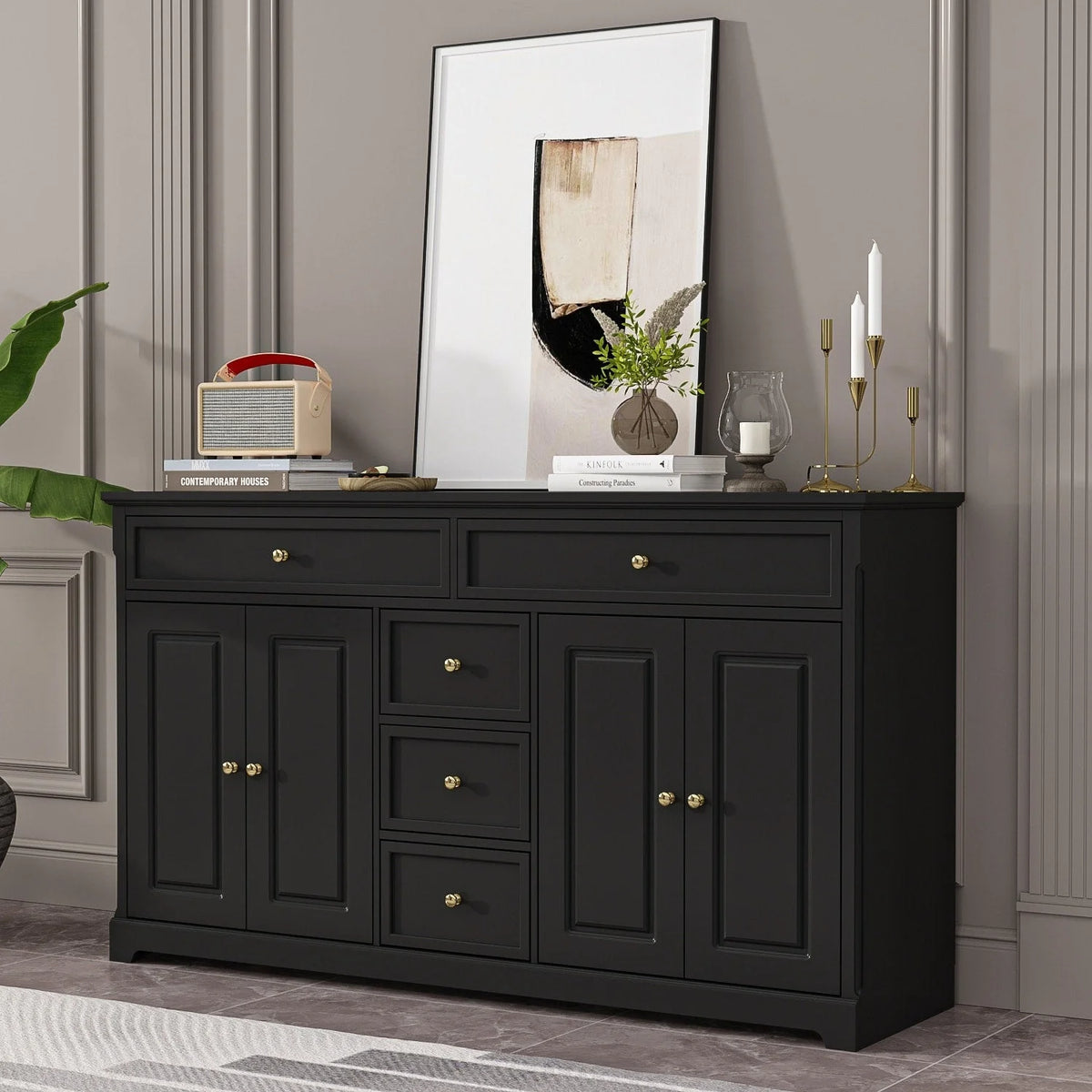 59.1'' Credenza Buffet Bianco Laccato Moderno Metà Secolo Contemporaneo