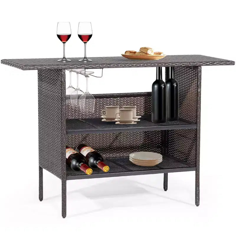 Costway Patio Garden Rattan Wicker Bar Height Counter Table Storage Shelf Rail