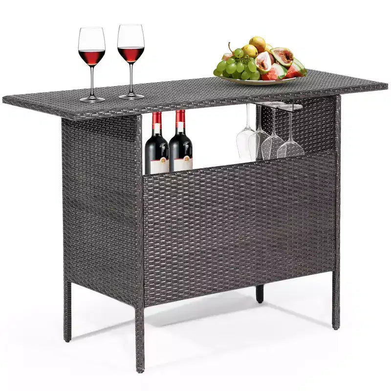 Costway Table de Bar de Jardin Extérieur en Rotin avec Étagère de Rangement et Rampe