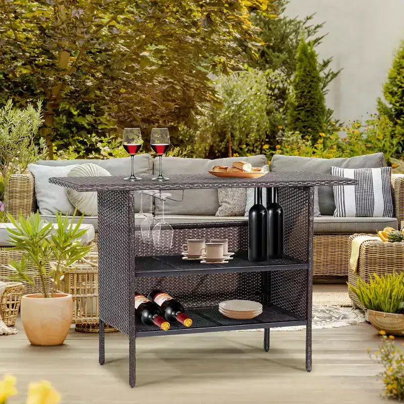 Costway Table de Bar de Jardin Extérieur en Rotin avec Étagère de Rangement et Rampe
