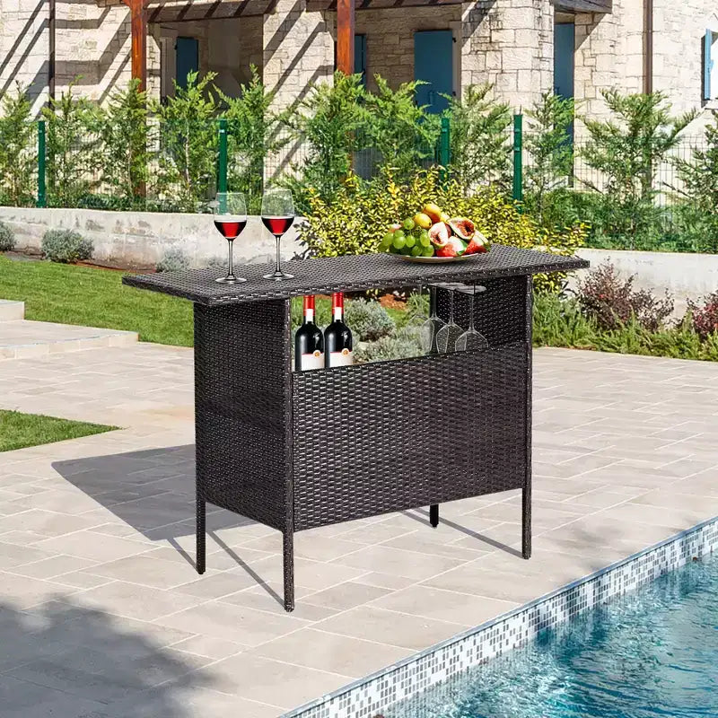 Costway Table de Bar de Jardin Extérieur en Rotin avec Étagère de Rangement et Rampe