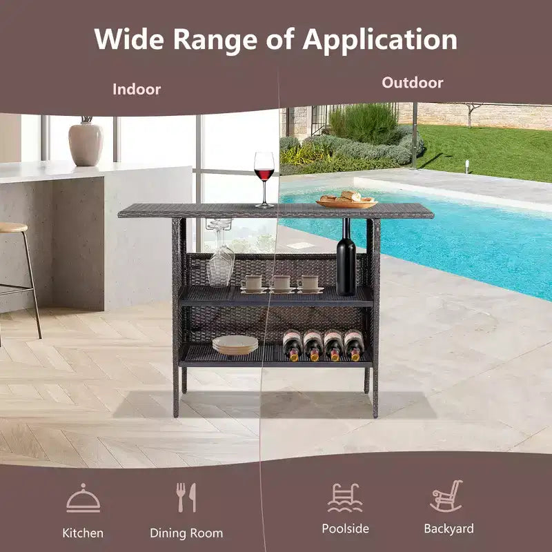 Costway Table de Bar de Jardin Extérieur en Rotin avec Étagère de Rangement et Rampe