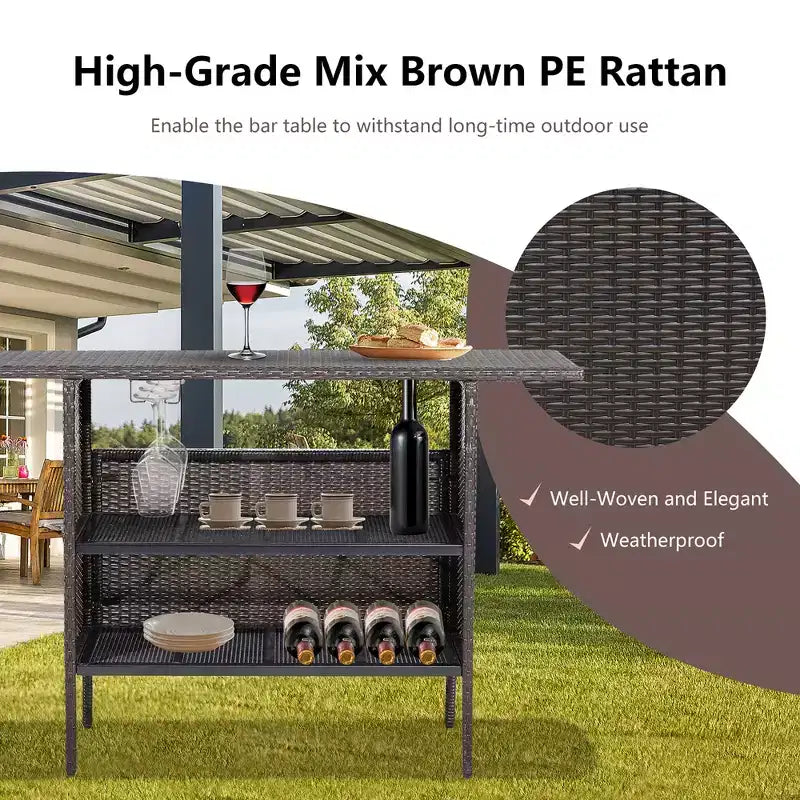 Costway Table de Bar de Jardin Extérieur en Rotin avec Étagère de Rangement et Rampe