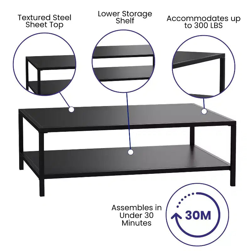 Table basse à 2 niveaux en métal d'intérieur/extérieur de qualité commerciale Emma et Oliver, noire, tout temps