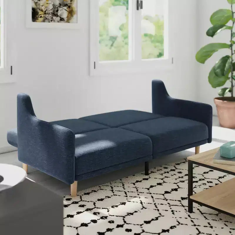 Canapé futon Emma et Oliver Plush avec dossier divisé, rembourré et matelassé, accoudoirs amovibles aux courbes élégantes et pieds en bois