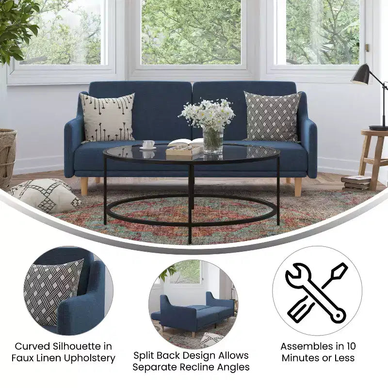 Canapé futon Emma et Oliver Plush avec dossier divisé, rembourré et matelassé, accoudoirs amovibles aux courbes élégantes et pieds en bois