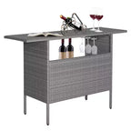 Costway Tavolo Alto da Bar in Rattan per Esterno con Ripiano Contenitore e Sponda, Giardino Grigio Misto