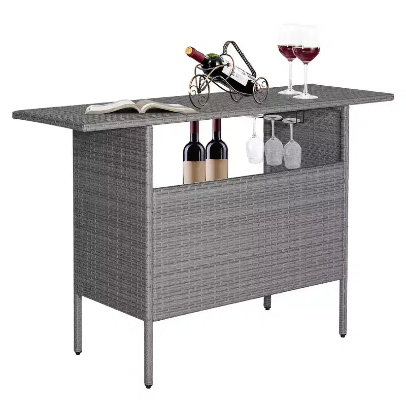 Costway Tavolo Alto da Bar in Rattan per Esterno con Ripiano Contenitore e Sponda, Giardino Grigio Misto