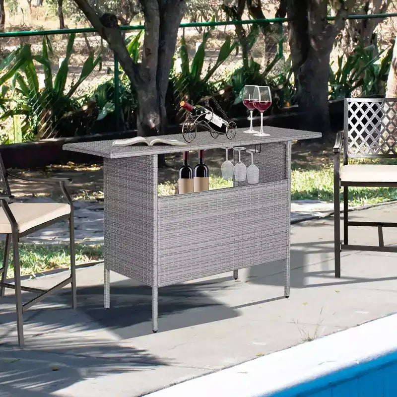 Costway Tavolo Alto da Bar in Rattan per Esterno con Ripiano Contenitore e Sponda, Giardino Grigio Misto