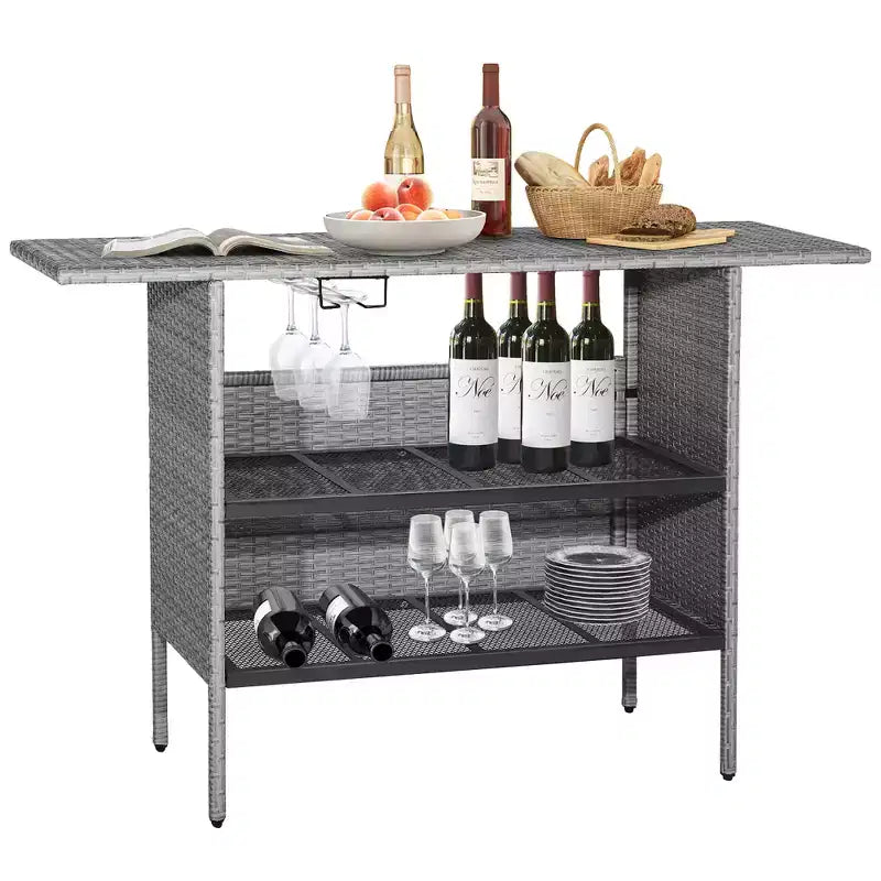 Costway Tavolo Alto da Bar in Rattan per Esterno con Ripiano Contenitore e Sponda, Giardino Grigio Misto