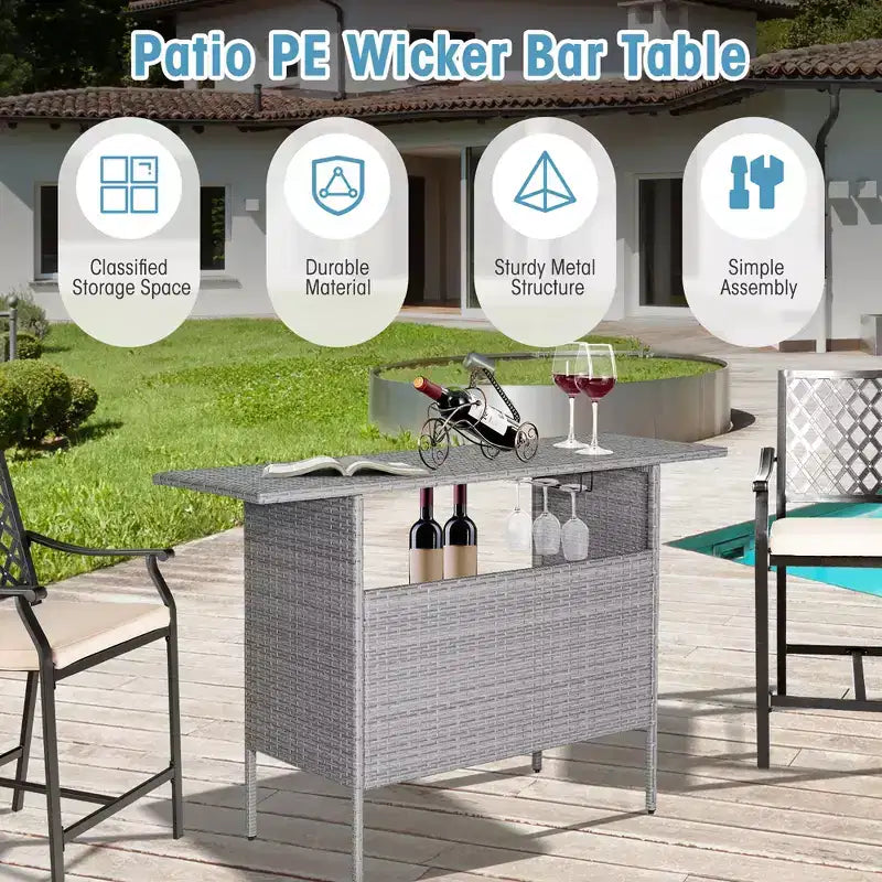 Costway Tavolo Alto da Bar in Rattan per Esterno con Ripiano Contenitore e Sponda, Giardino Grigio Misto