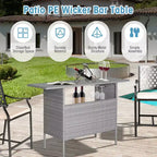 Costway Tavolo Alto da Bar in Rattan per Esterno con Ripiano Contenitore e Sponda, Giardino Grigio Misto