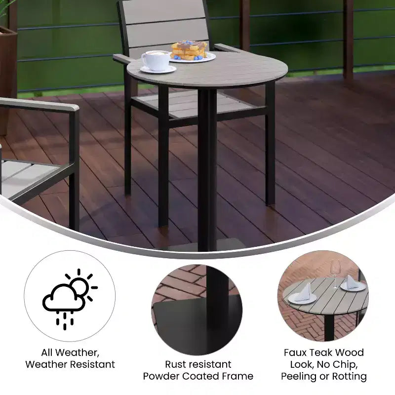 Flash Furniture Finch Table ronde commerciale de 24 po avec lattes en polythène imitation teck et cadre en acier