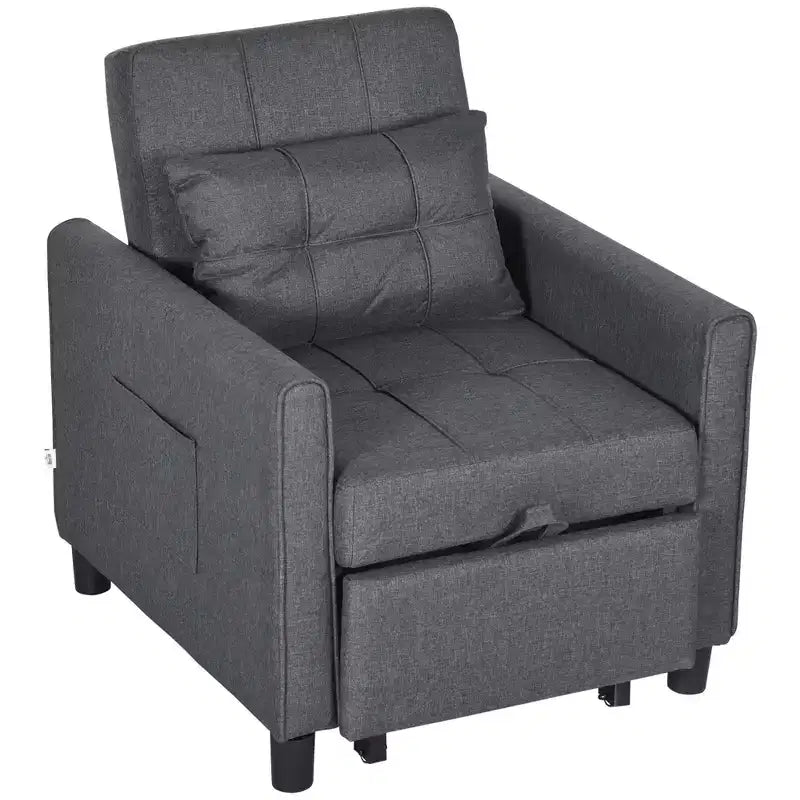 HOMCOM Letto Poltrona Convertibile 3 in 1, Divano Letto Singolo Multifunzionale, Poltrona Letto Estraibile con Schienale Regolabile, Cuscino e Tasche, Grigio