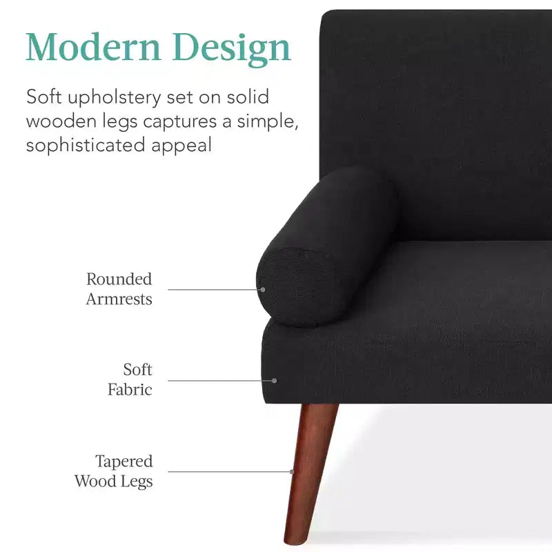 Divano futon convertibile Best Choice Products in tessuto imbottito con braccioli arrotondati, gambe in legno, 2 portabicchieri