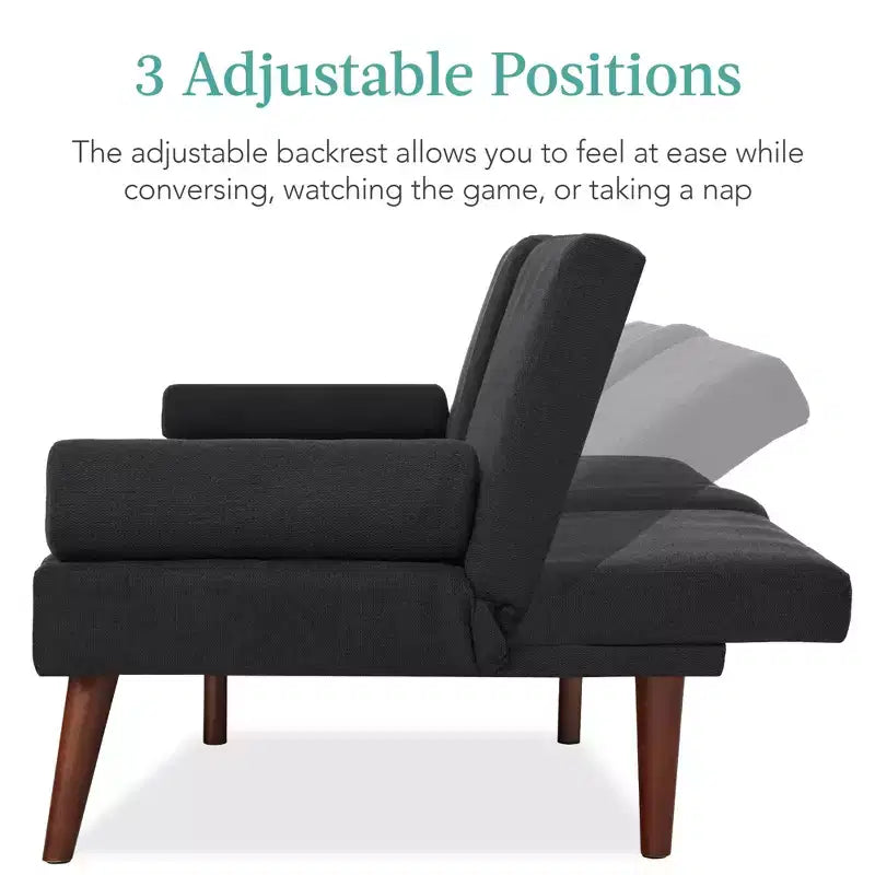 Divano futon convertibile Best Choice Products in tessuto imbottito con braccioli arrotondati, gambe in legno, 2 portabicchieri