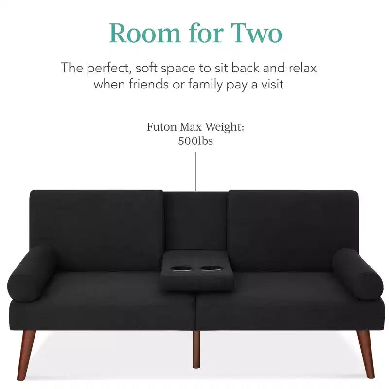 Divano futon convertibile Best Choice Products in tessuto imbottito con braccioli arrotondati, gambe in legno, 2 portabicchieri