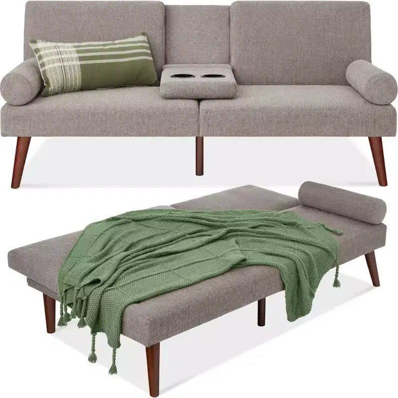 Divano futon convertibile Best Choice Products in tessuto imbottito con braccioli arrotondati, gambe in legno, 2 portabicchieri