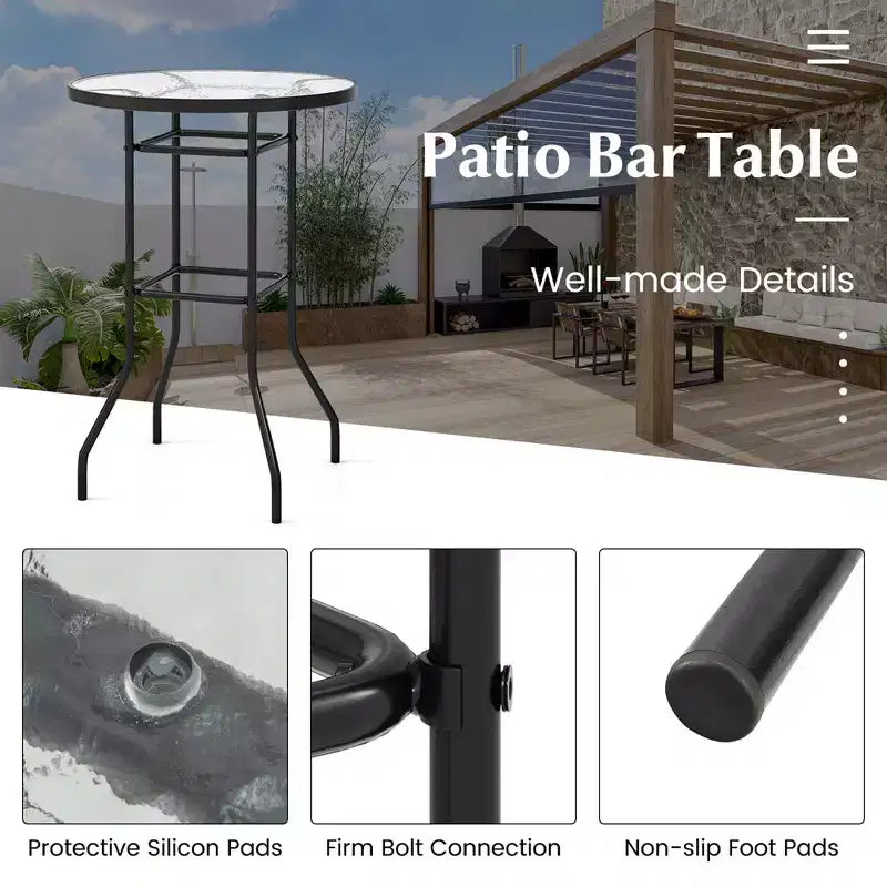Costway Table de bar ronde de 38 po pour patio, hauteur comptoir, avec plateau en verre trempé, pour piscine