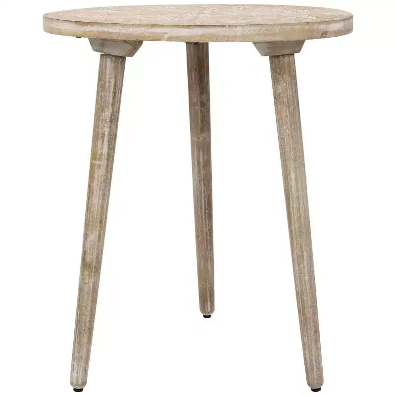 Northlight 22 Brushed White Engraved Floral Round Tri Leg Wooden Side Table