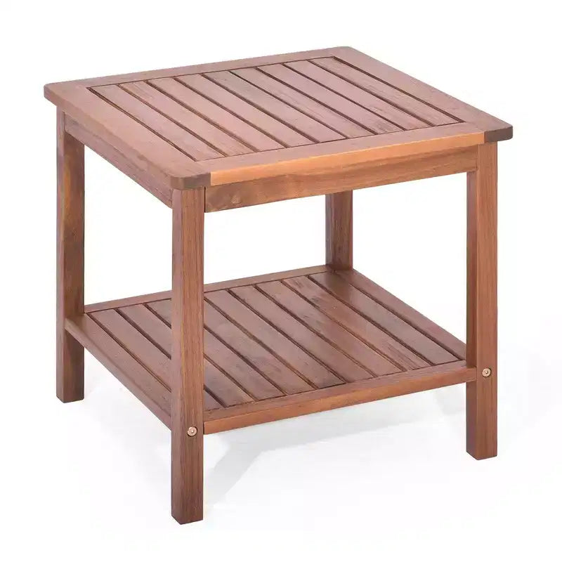 Tavolino da Esterno Costway in Legno di Acacia, a 2 Ripiani, Quadrato, per Portico o Bordo Piscina, Colore Naturale
