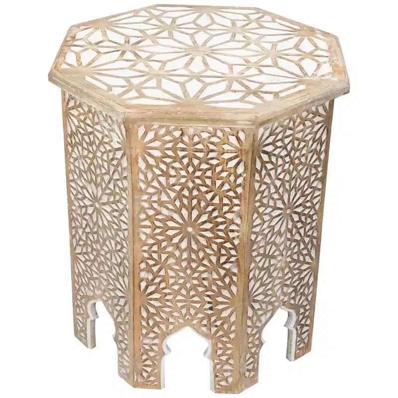 Northlight 24 Antique Brushed White Carved Octagonal Side Table