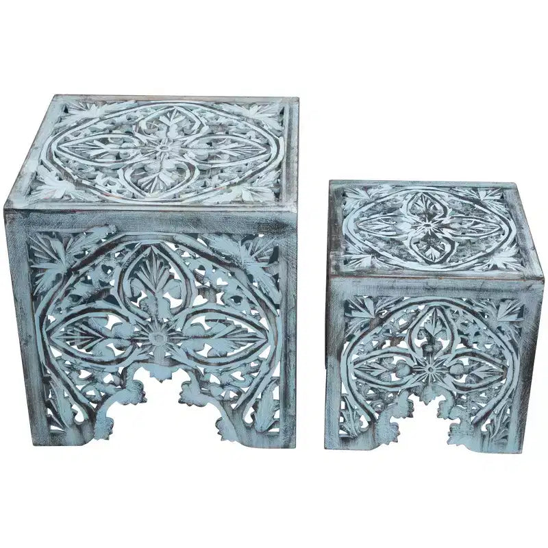 Northlight Set of 2 Antique Blue Square Stackable Nesting Side Table and Stool 16
