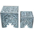 Northlight Set of 2 Antique Blue Square Stackable Nesting Side Table and Stool 16