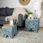 Northlight Lot de 2 tables d'appoint et tabourets gigognes carrés empilables bleu antique 16