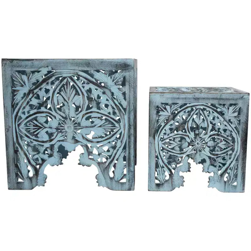 Northlight Lot de 2 tables d'appoint et tabourets gigognes carrés empilables bleu antique 16