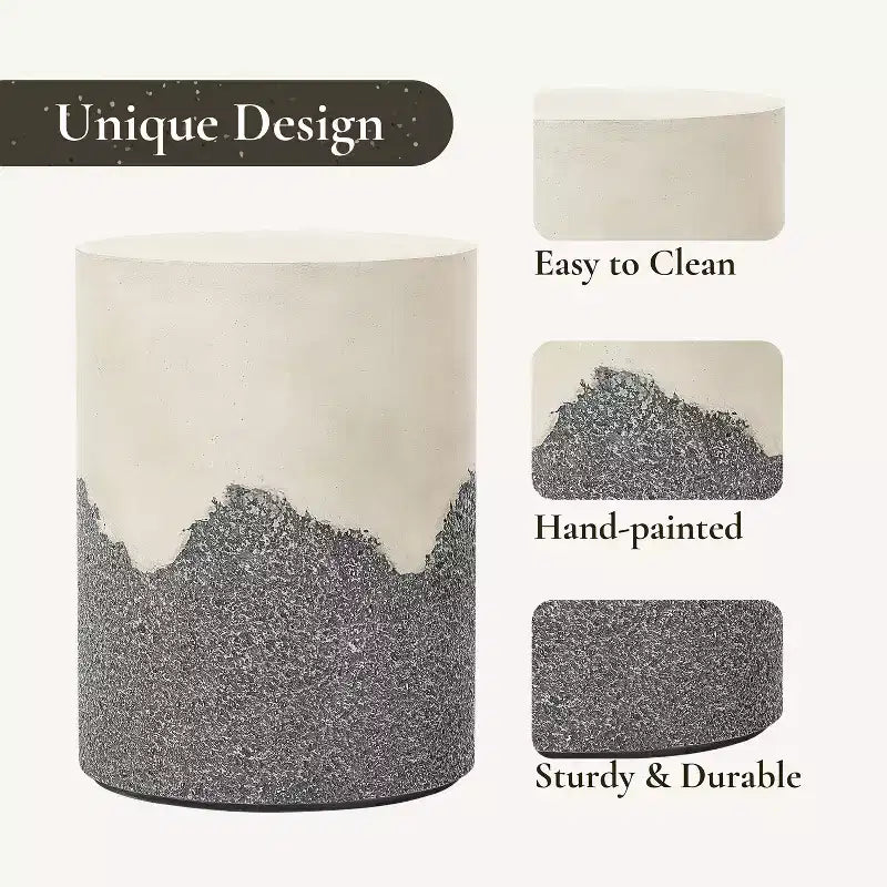 Tavolino da patio per esterni LuxenHome, tavolino rotondo in cemento grigio e crema da 17", sgabello decorativo moderno da giardino, tavolino d'appoggio per esterni