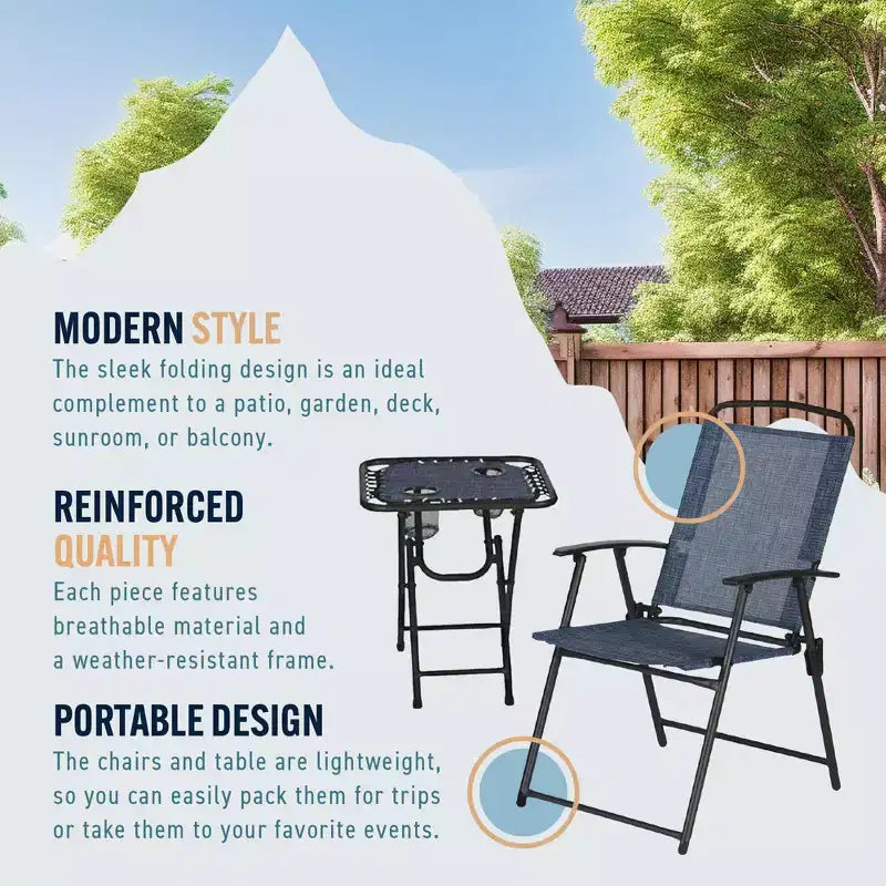 Ensemble 3 pièces de chaises pliantes et table de patio extérieur Trappers Peak, bleu