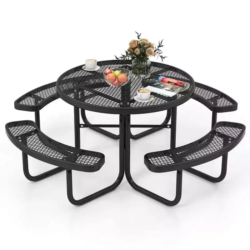 Costway 45 Coated Steel Camping Table Outdoor Round Picnic Table & Bench Set for 8 Black