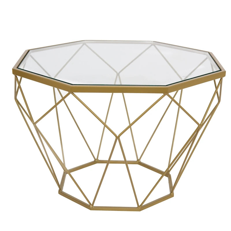 Tavolino moderno ottagonale in vetro con base geometrica in metallo