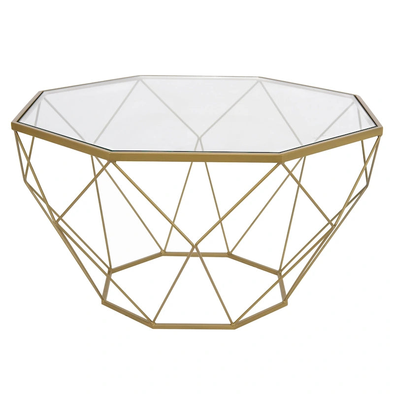 Tavolino moderno ottagonale in vetro con base geometrica in metallo