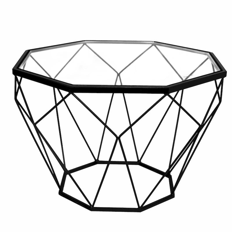 Tavolino moderno ottagonale in vetro con base geometrica in metallo