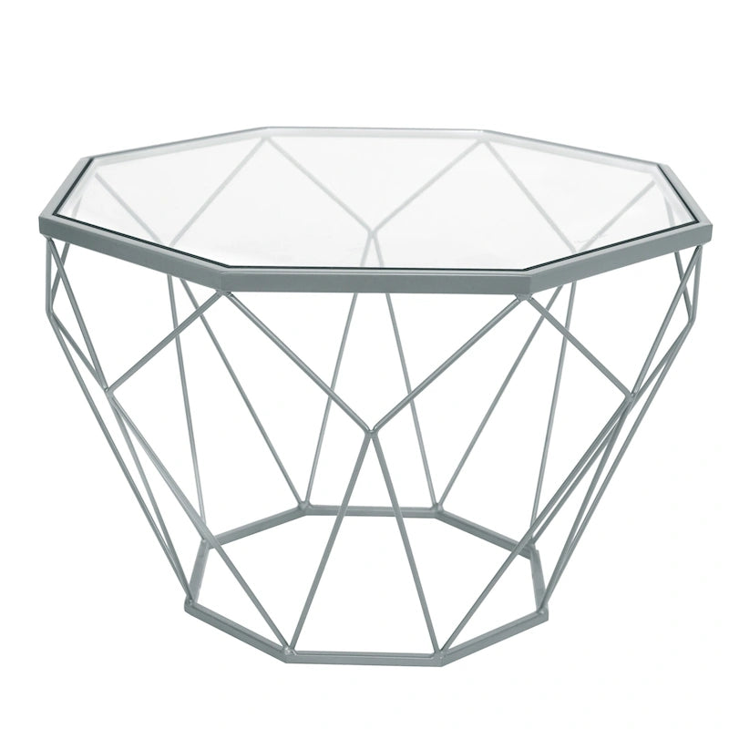 Tavolino moderno ottagonale in vetro con base geometrica in metallo