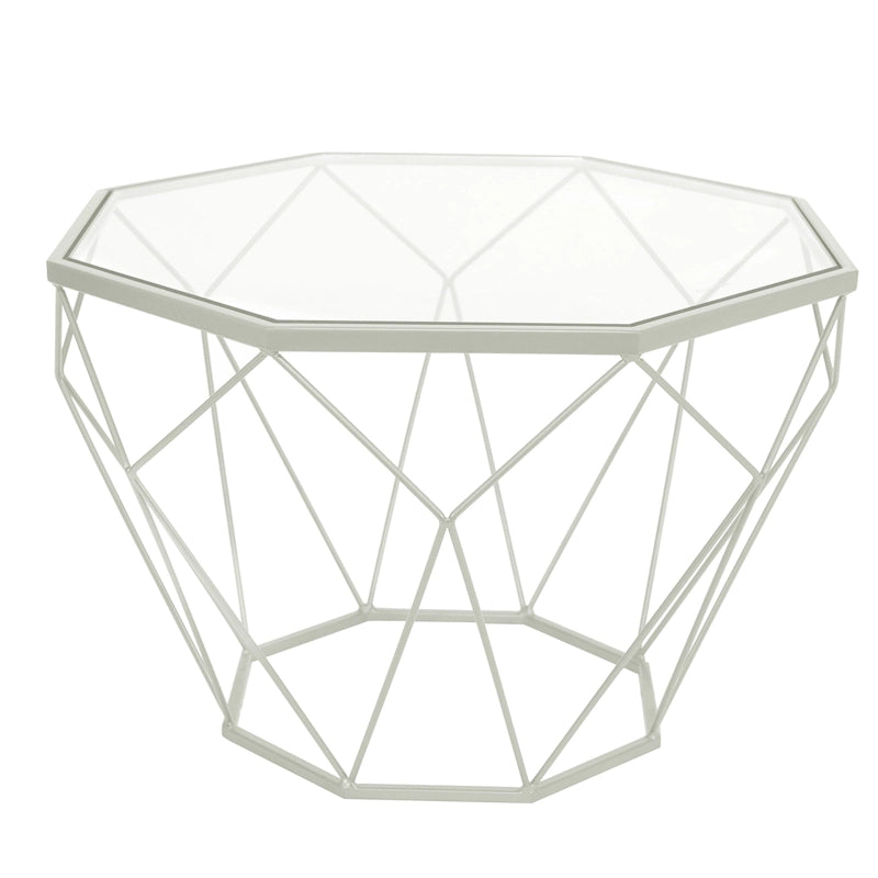 Tavolino moderno ottagonale in vetro con base geometrica in metallo
