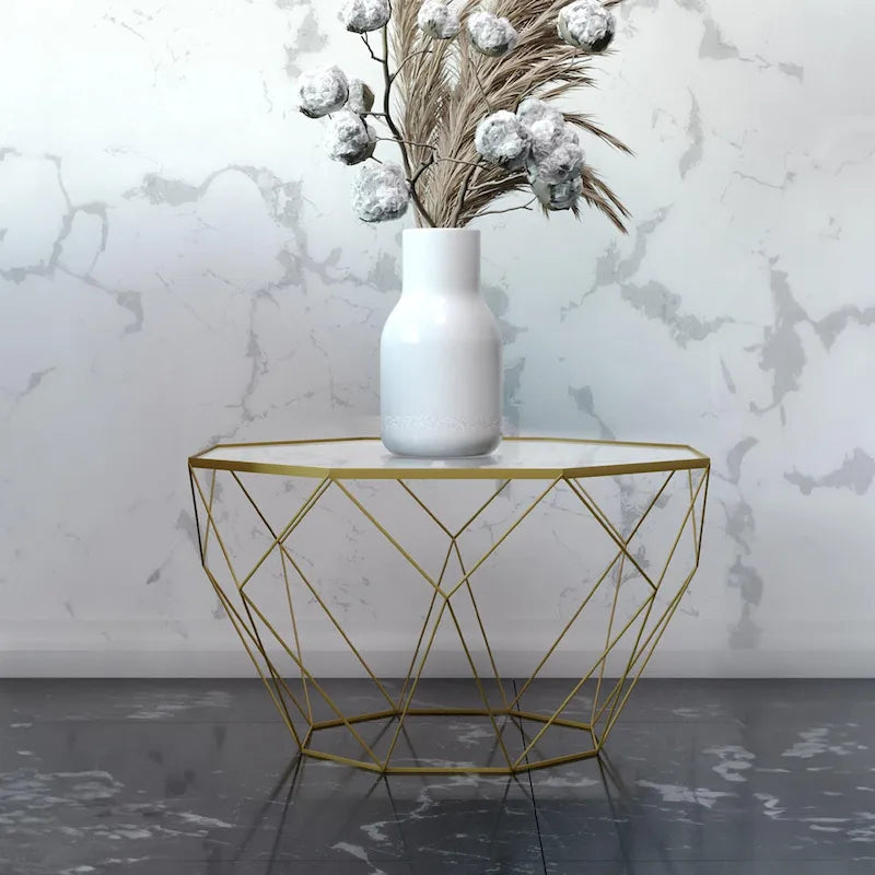 Tavolino moderno ottagonale in vetro con base geometrica in metallo