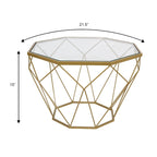 Tavolino moderno ottagonale in vetro con base geometrica in metallo