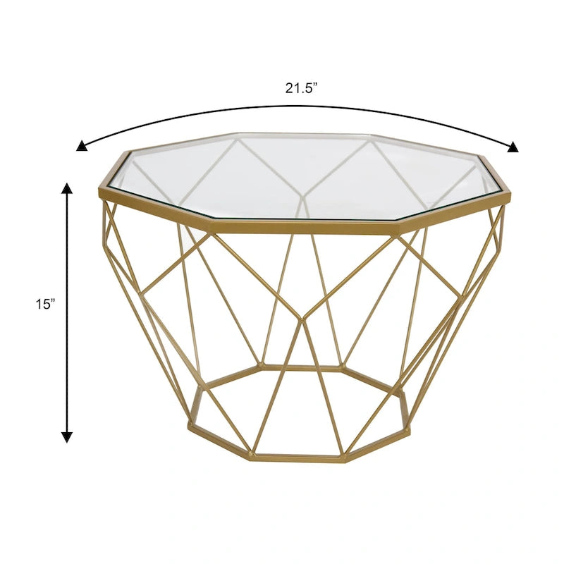Tavolino moderno ottagonale in vetro con base geometrica in metallo