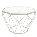 Tavolino moderno ottagonale in vetro con base geometrica in metallo