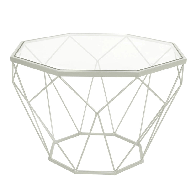 Tavolino moderno ottagonale in vetro con base geometrica in metallo