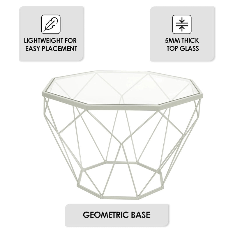 Tavolino moderno ottagonale in vetro con base geometrica in metallo
