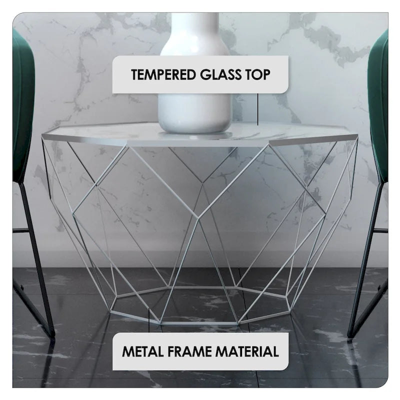 Tavolino moderno ottagonale in vetro con base geometrica in metallo