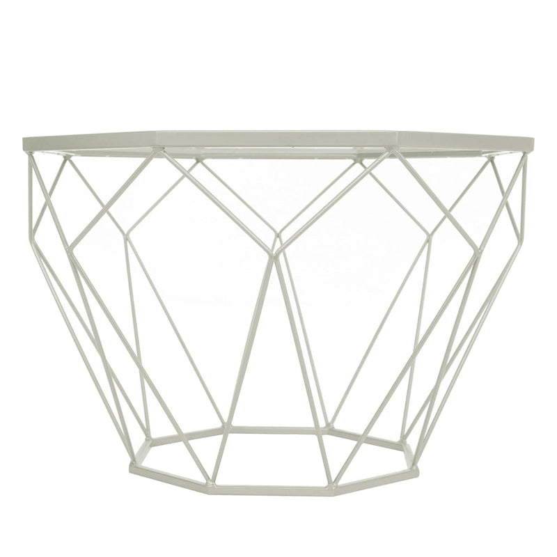 Tavolino moderno ottagonale in vetro con base geometrica in metallo