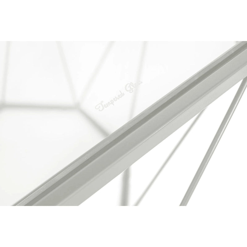 Tavolino moderno ottagonale in vetro con base geometrica in metallo