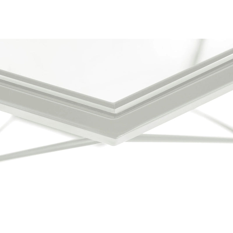 Tavolino moderno ottagonale in vetro con base geometrica in metallo