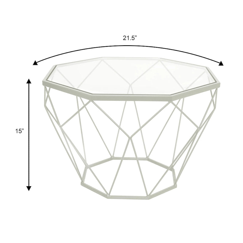 Tavolino moderno ottagonale in vetro con base geometrica in metallo
